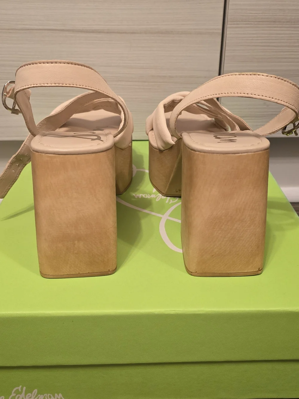 Sam Edelman Beige Nude Platform Sandal with Wood-Effect Block Heel